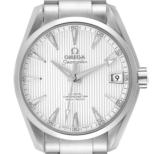 The image shows a frontal view of the Omega Aqua Terra 231.10.39.21.02.001 Men's Stainless Steel Silver Dial 231.10.39.21.02.001 Men's Stainless Steel Silver Dial watch, highlighting its face, hands, date display, and part of its bracelet.