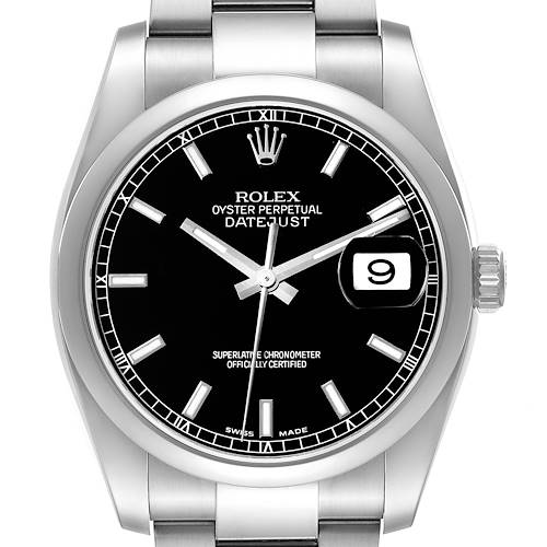 The Rolex Datejust 116200 Men's Stainless Steel Black Dial 116200 Men's Stainless Steel Black Dial is shown from the front, highlighting the dial, hands, bezel, and part of the bracelet.