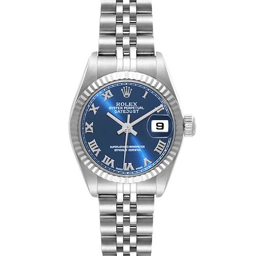 The image shows a front view of a Rolex Datejust 79174 Women's Stainless Steel Blue Dial 79174 Women's Stainless Steel Blue Dial watch highlighting the blue dial, Roman numerals, and Jubilee bracelet.