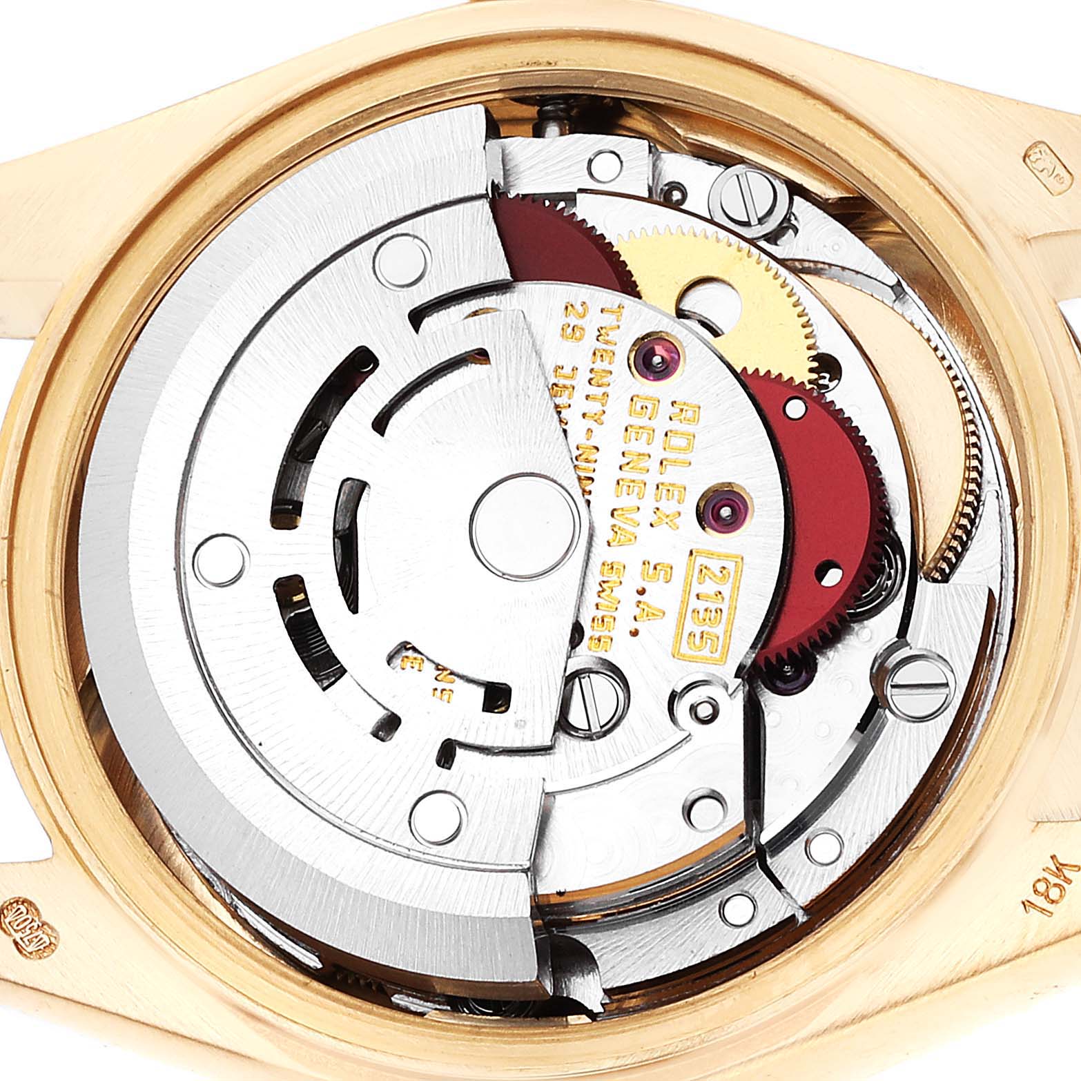 This image shows the inner mechanics and movement of a Rolex President 69178 Women's Yellow Gold Champagne Dial 69178 Women's Yellow Gold Champagne Dial model watch, viewed from the rear.
