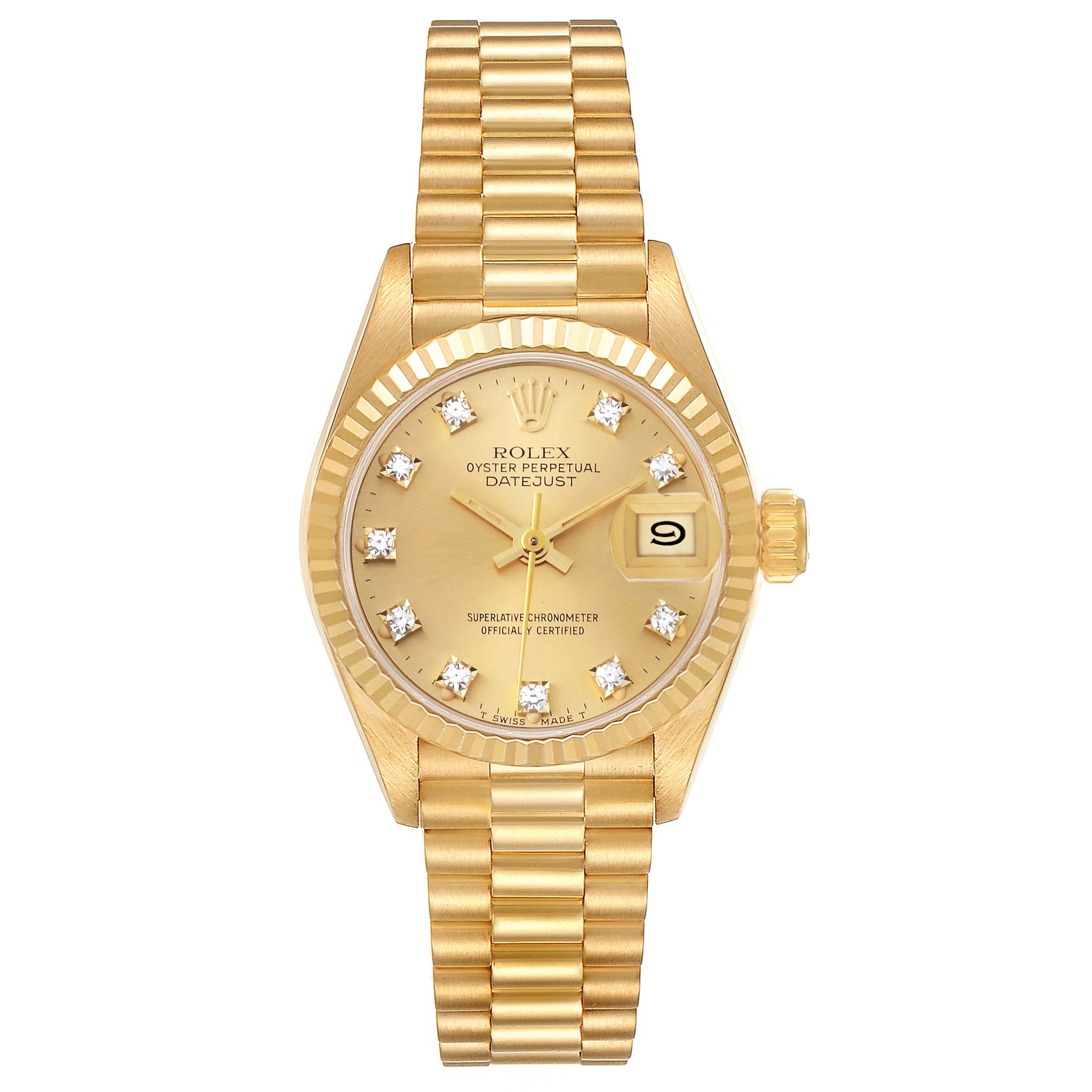 The Rolex President 69178 Women's Yellow Gold Champagne Dial 69178 Women's Yellow Gold Champagne Dial model watch is shown from a front angle, displaying its gold case, bracelet, dial, and date window.