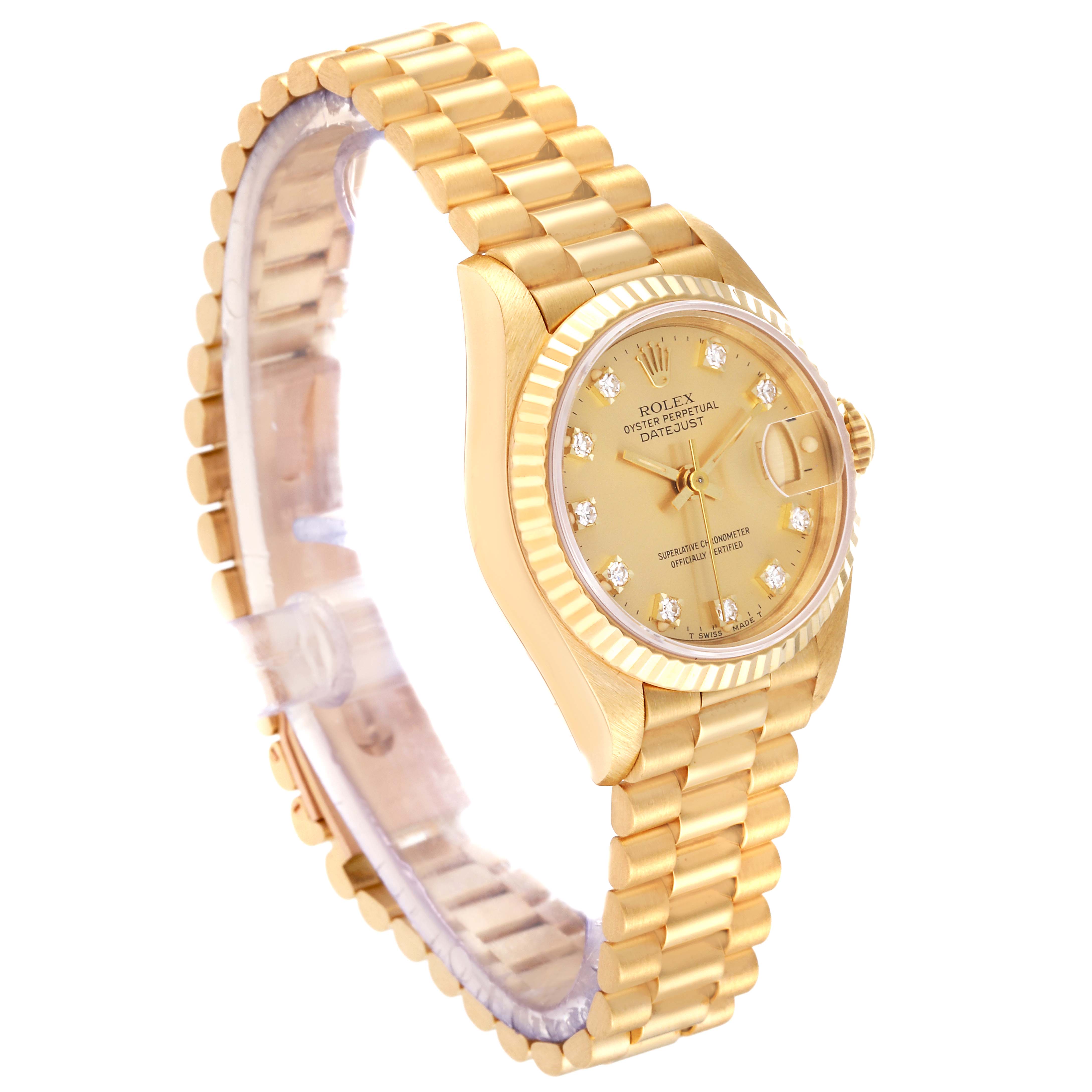 The image shows a Rolex President 69178 Women's Yellow Gold Champagne Dial 69178 Women's Yellow Gold Champagne Dial model watch at a three-quarter angle showcasing the bracelet, gold case, and diamond-studded dial.