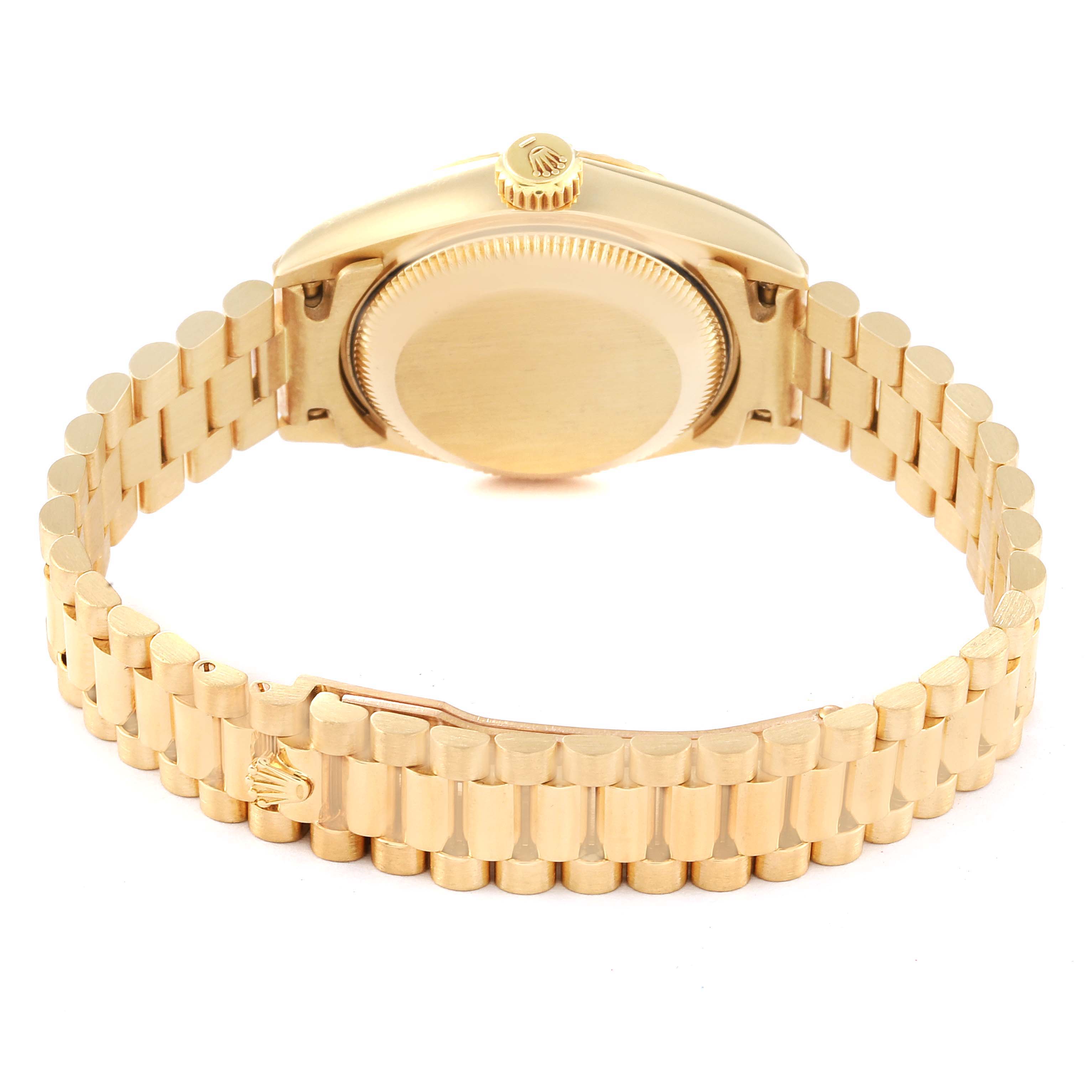 The image shows the back of a Rolex President 69178 Women's Yellow Gold Champagne Dial 69178 Women's Yellow Gold Champagne Dial watch, focusing on its gold bracelet and case back.