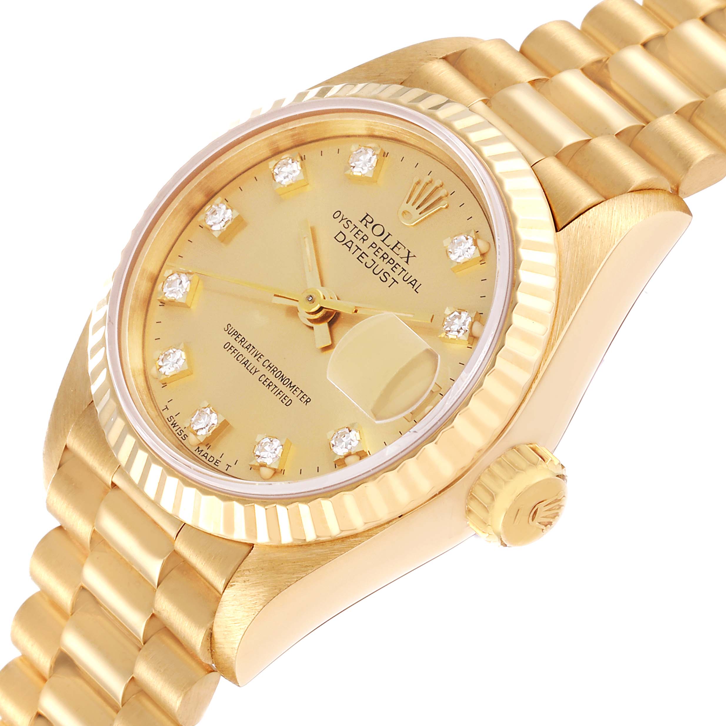 The image shows a close-up angled view of the Rolex President 69178 Women's Yellow Gold Champagne Dial 69178 Women's Yellow Gold Champagne Dial model, highlighting the dial, bezel, and part of the bracelet.