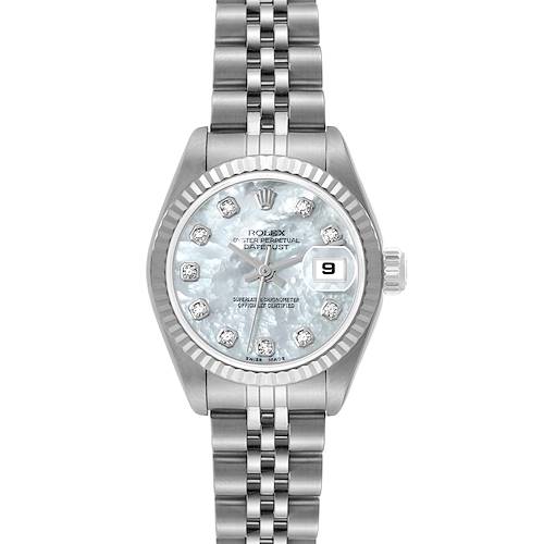This Rolex Datejust 79174 Women's Stainless Steel Mother of Pearl Dial 79174 Women's Stainless Steel Mother of Pearl Dial watch is shown from a straight-on angle, displaying its face, bezel, dial, hands, and bracelet.