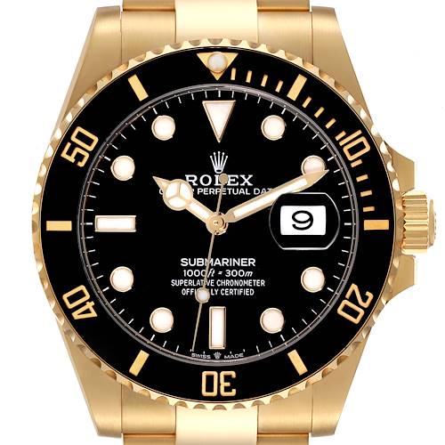 The image shows a front view of a Rolex Submariner 126618 Men's Yellow Gold Black Dial 126618 Men's Yellow Gold Black Dial watch, highlighting its dial, bezel, hands, and date display.