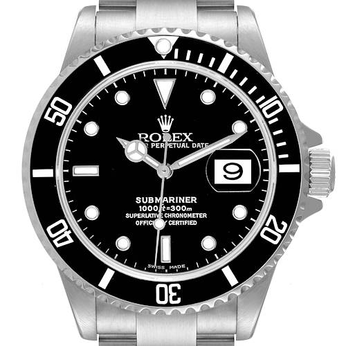 This image shows the front view of a Rolex Submariner 16610 Men's Stainless Steel Black Dial 16610 Men's Stainless Steel Black Dial watch, highlighting the dial, bezel, and bracelet.