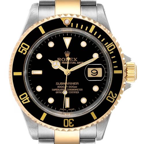 The image shows a frontal view of a Rolex Submariner 16613 Men's Steel and Gold (two tone) Black Dial 16613 Men's Steel and Gold (two tone) Black Dial watch, highlighting the dial, bezel, crown, and part of the bracelet.