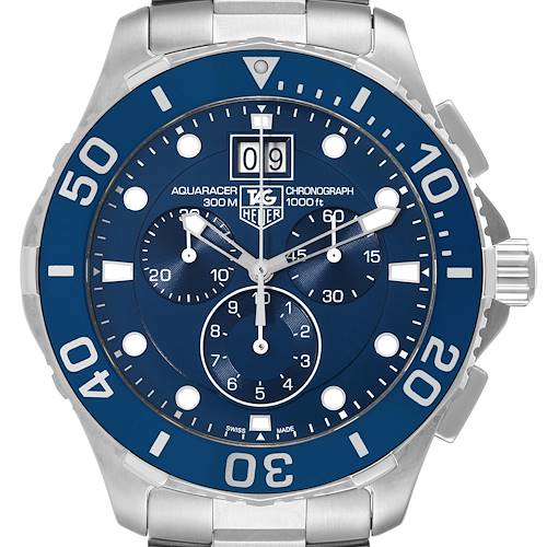 This is a front view of the Tag Heuer Aquaracer CAN1011.BA0821 Men's Stainless Steel Blue Dial CAN1011.BA0821 Men's Stainless Steel Blue Dial watch, showing its blue face, bezel, chronograph sub-dials, and bracelet.