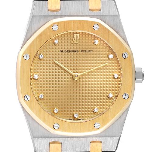 This image shows the front view of an Audemars Piguet Royal Oak 56303SA Women's Steel and Gold (two tone) Champagne Dial 56303SA Women's Steel and Gold (two tone) Champagne Dial watch, displaying the dial, bezel, hands, and part of the bracelet.