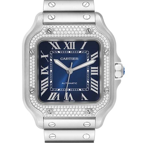 This image shows a close-up, front view of the Cartier Santos W4SA0006 Men's Stainless Steel Blue Dial W4SA0006 Men's Stainless Steel Blue Dial watch, highlighting its face, bezel, and part of the bracelet.