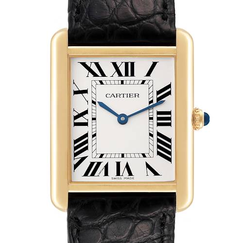 The image shows a frontal view of a Cartier Tank Solo W1018855 Men's Yellow Gold Silver Dial W1018855 Men's Yellow Gold Silver Dial watch, highlighting its dial, case, and leather strap.