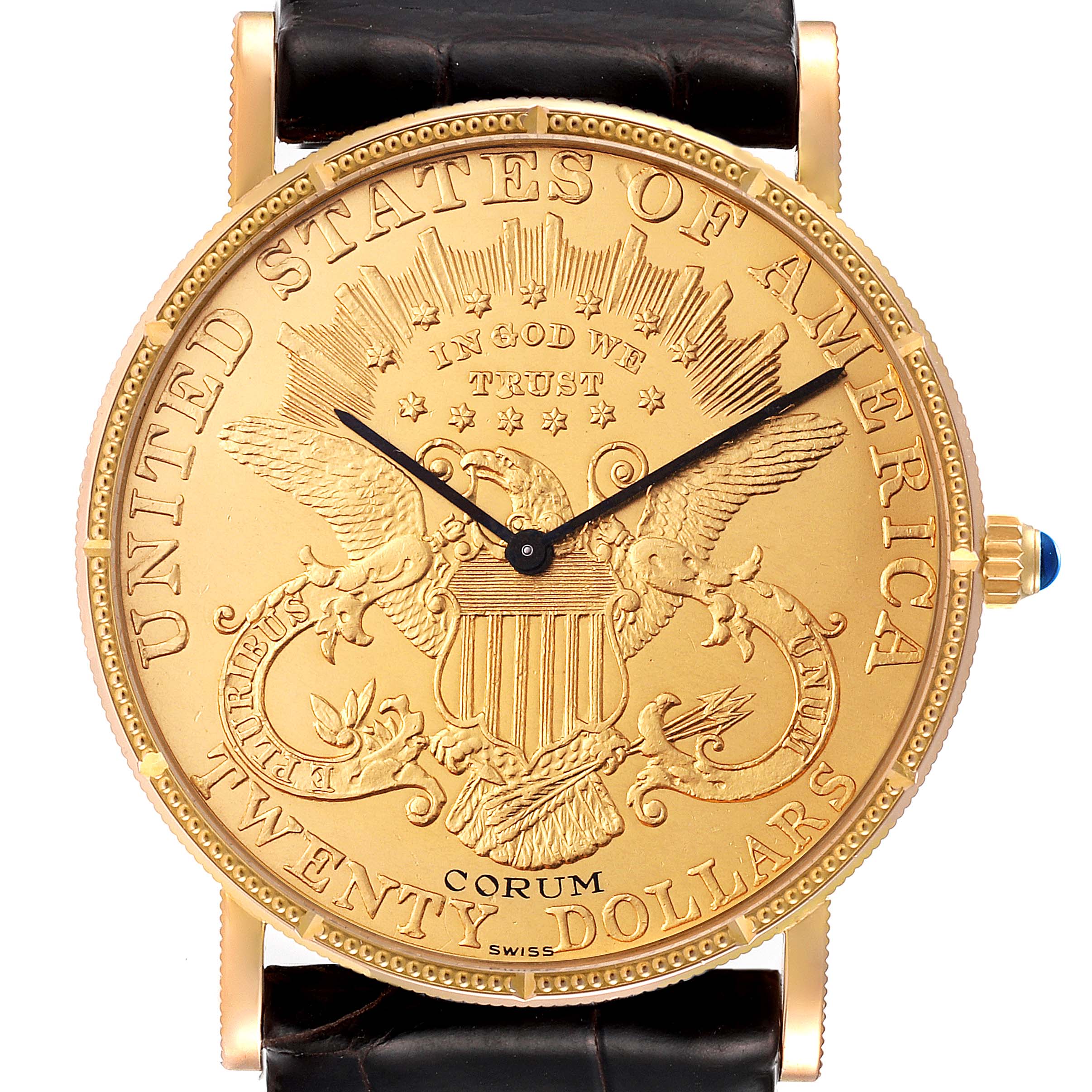 The image shows a front view of the dial of a Corum Coin Watch Men's Yellow Gold Black Dial Men's Yellow Gold Black Dial model, featuring the bezel, hands, and part of the leather strap.