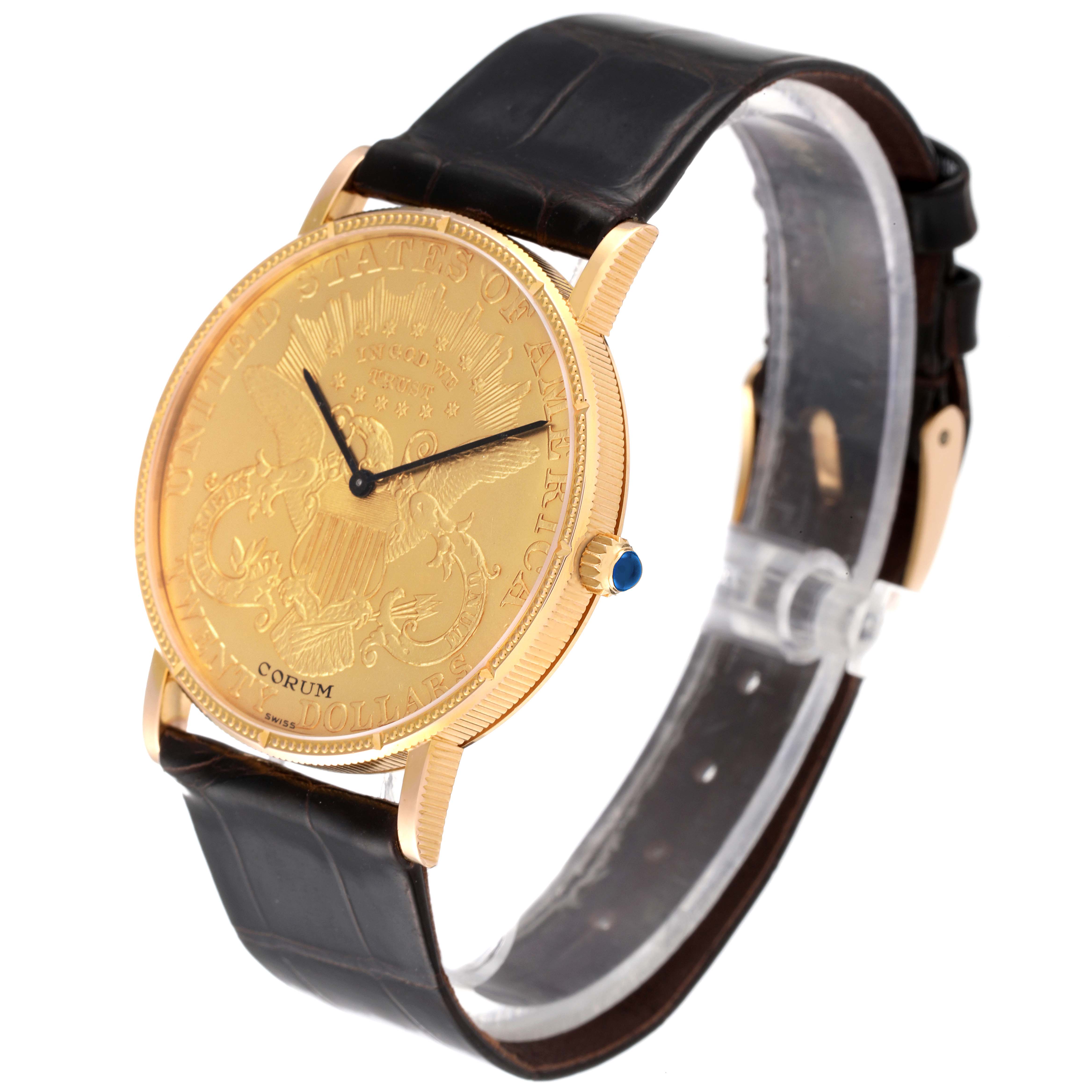 The image shows a side-angle view of a Corum Coin Watch Men's Yellow Gold Black Dial Men's Yellow Gold Black Dial model, highlighting its golden coin face and black leather strap.
