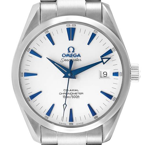 The image shows a front view of an Omega Aqua Terra 2503.33.00 Men's Stainless Steel Silver Dial 2503.33.00 Men's Stainless Steel Silver Dial watch, displaying its dial, hands, date window, and part of the bracelet.