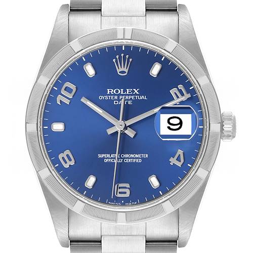 The image shows a frontal view of a Rolex Date 15210 Men's Stainless Steel Blue Dial 15210 Men's Stainless Steel Blue Dial model watch, highlighting its blue dial, date window, and stainless steel case and bracelet.