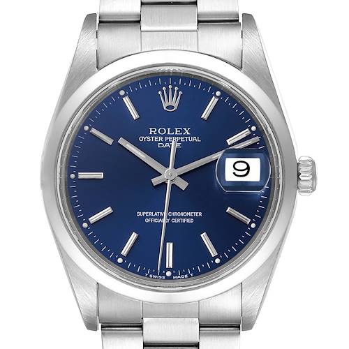 The image shows a front view of a Rolex Date 15200 Men's Stainless Steel Blue Dial 15200 Men's Stainless Steel Blue Dial model watch, displaying the face, bezel, and part of the bracelet.