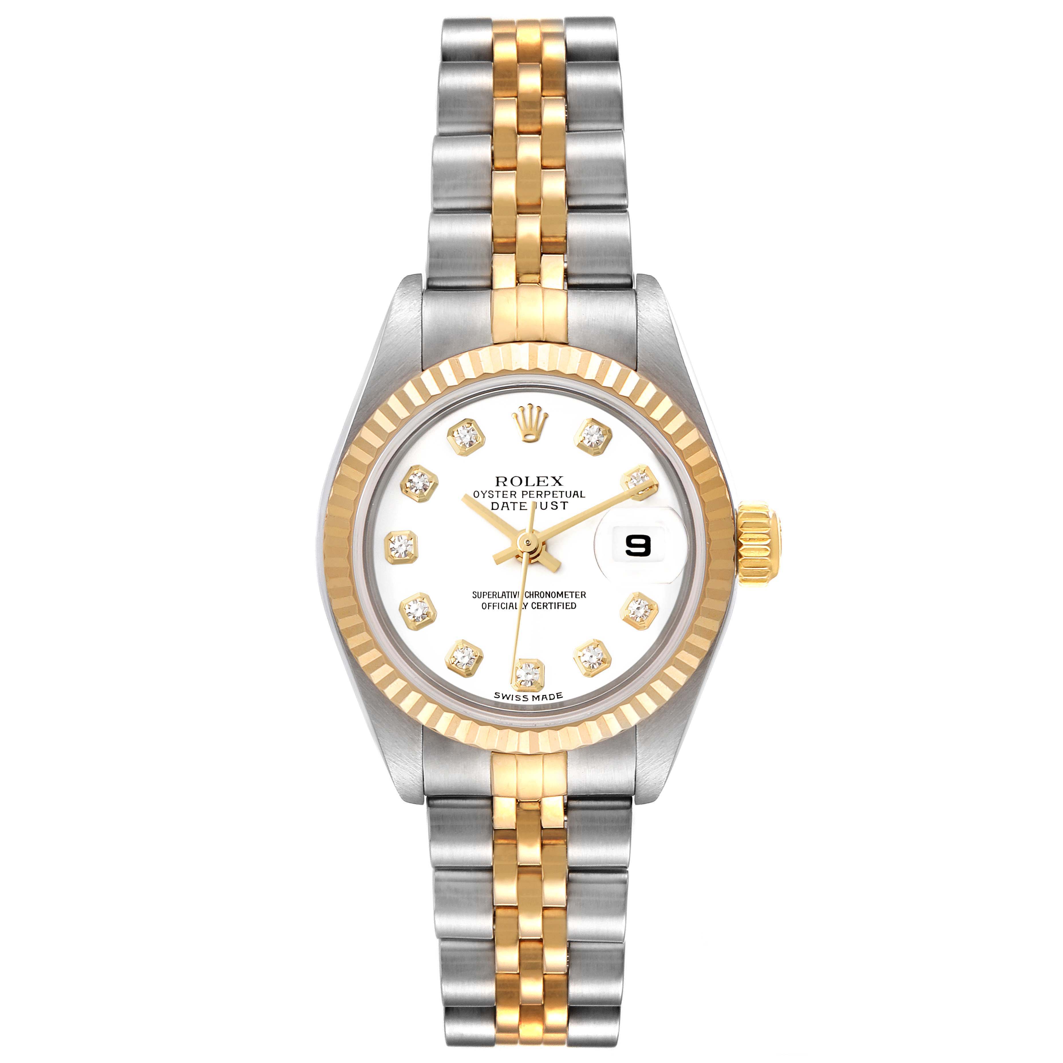 This image shows a front view of a Rolex Datejust 79173 Women's Steel and Gold (two tone) White Dial 79173 Women's Steel and Gold (two tone) White Dial watch featuring a two-tone bracelet and diamond markers.