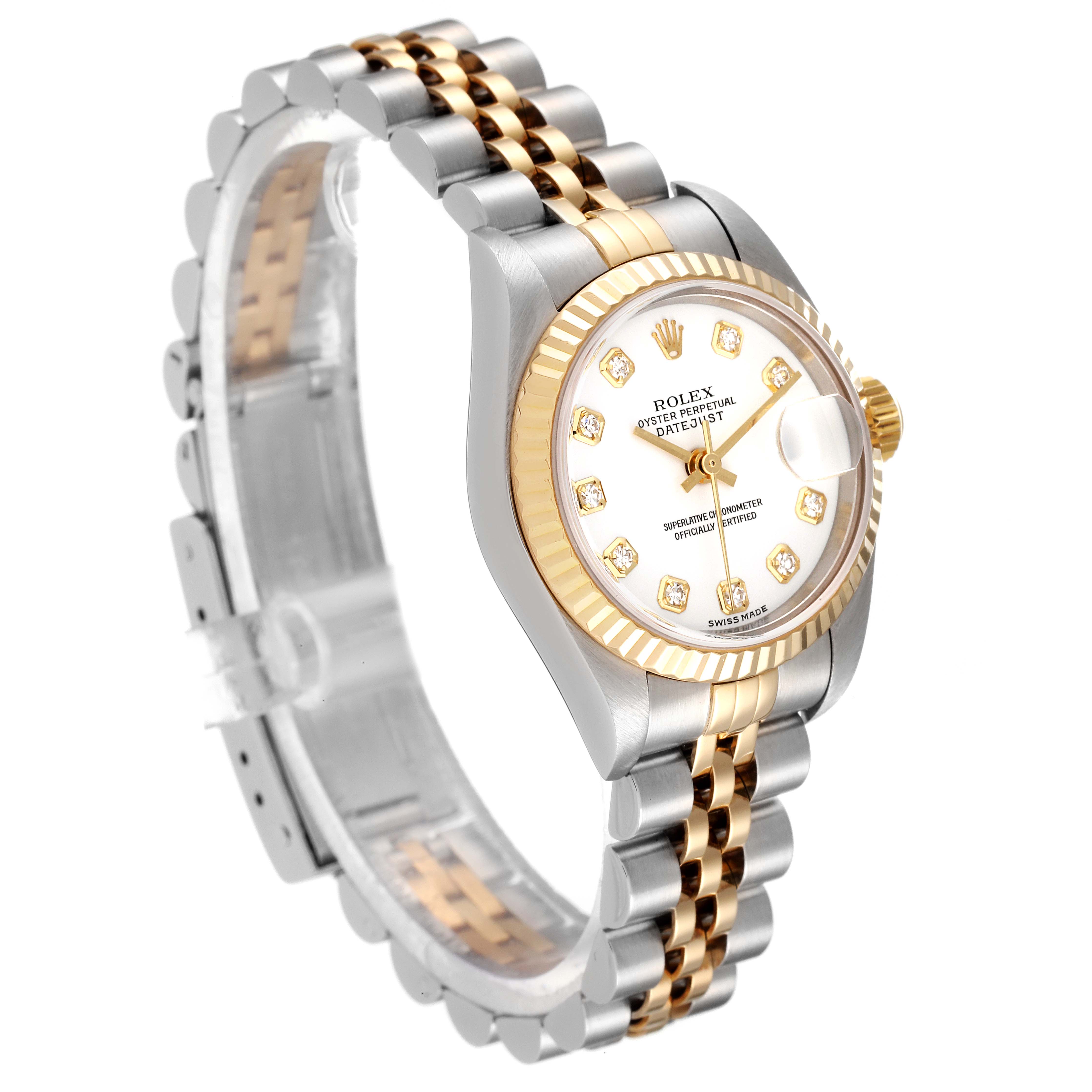 The image shows a side-angle view of a Rolex Datejust 79173 Women's Steel and Gold (two tone) White Dial 79173 Women's Steel and Gold (two tone) White Dial watch, highlighting its face, bezel, and two-tone jubilee bracelet.