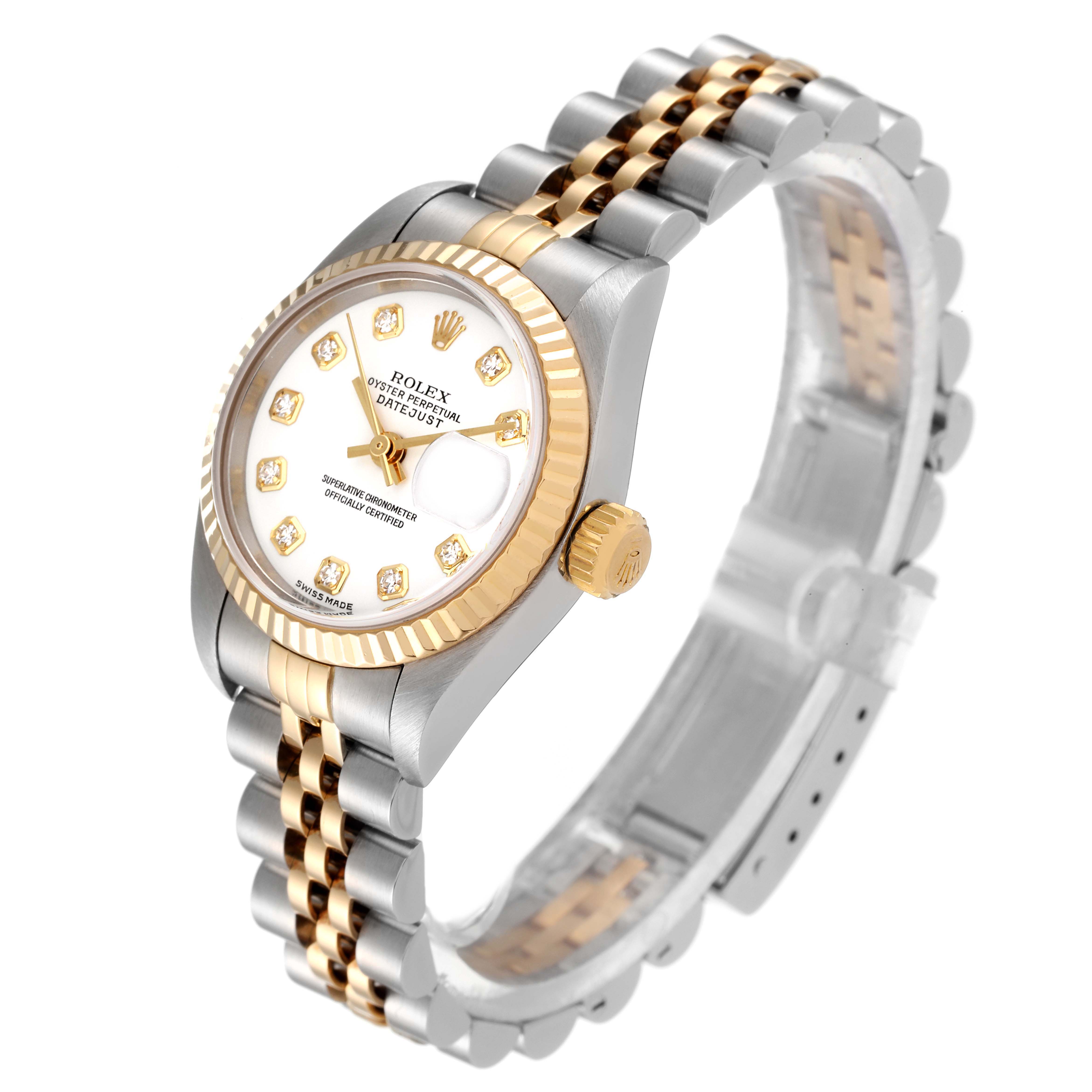 The image shows a Rolex Datejust 79173 Women's Steel and Gold (two tone) White Dial 79173 Women's Steel and Gold (two tone) White Dial watch at an angle displaying the face, bezel, crown, and part of the bracelet.