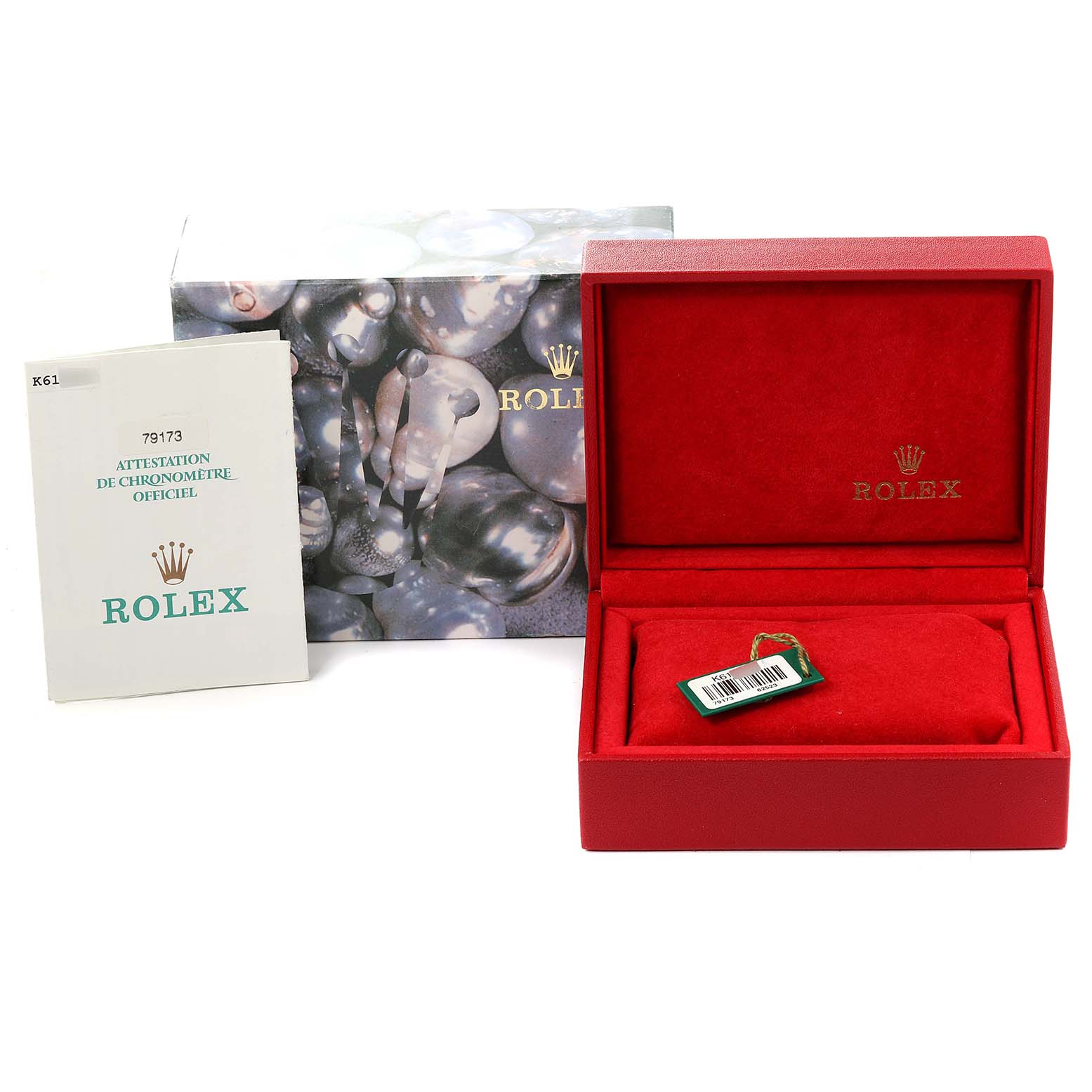The image shows a Rolex Datejust 79173 Women's Steel and Gold (two tone) White Dial 79173 Women's Steel and Gold (two tone) White Dial watch box, a certificate, and the official packaging.