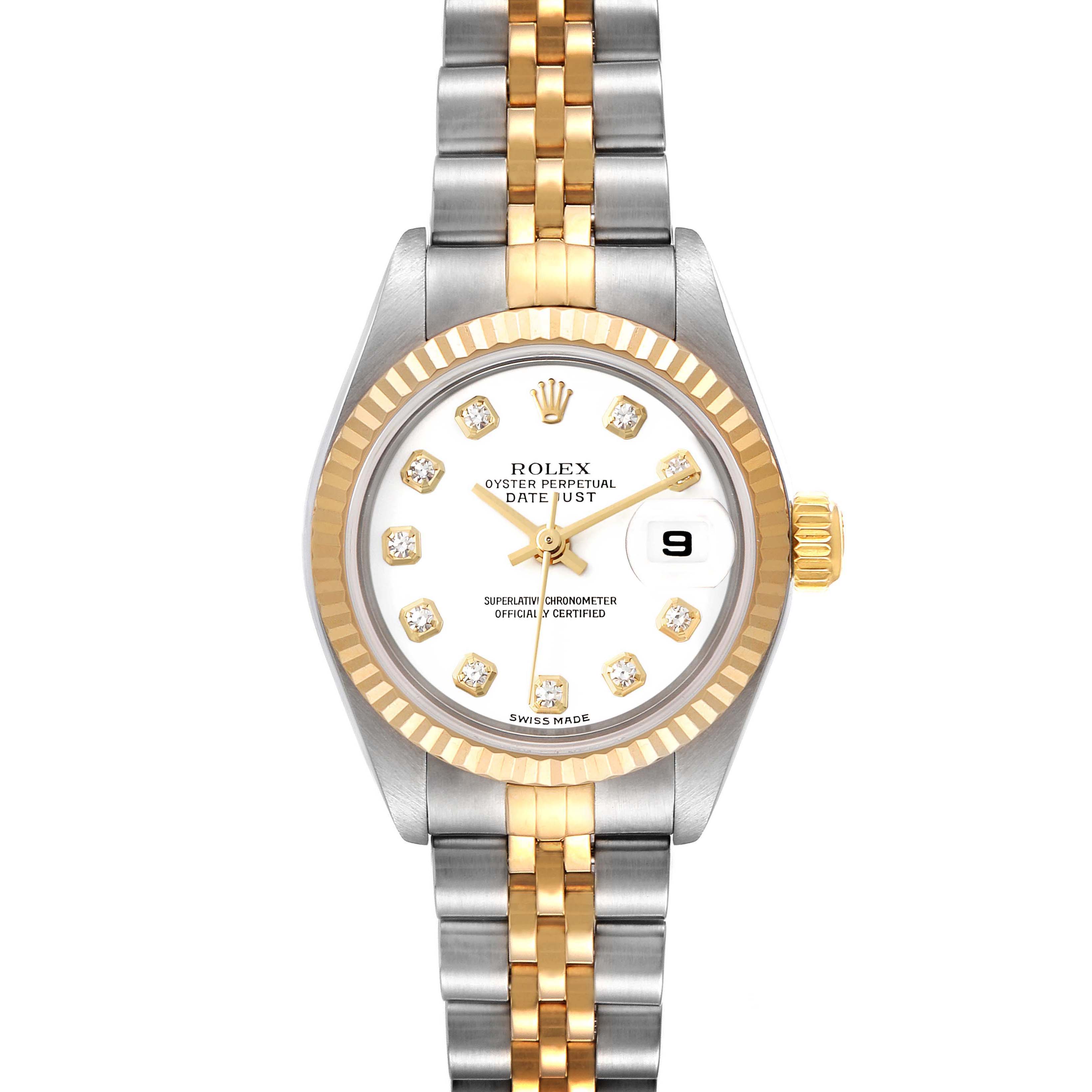 This Rolex Datejust 79173 Women's Steel and Gold (two tone) White Dial 79173 Women's Steel and Gold (two tone) White Dial watch is shown from a top-down angle, highlighting the dial, bezel, crown, and two-tone bracelet.