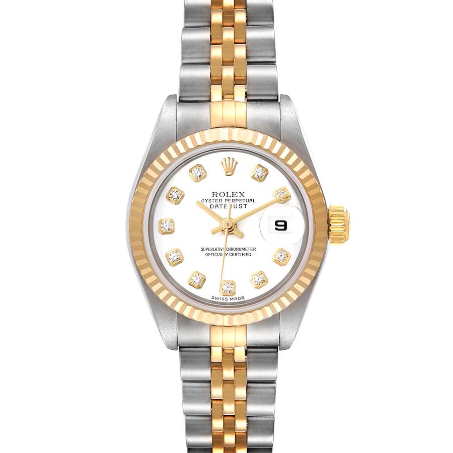 This Rolex Datejust 79173 Women's Steel and Gold (two tone) White Dial 79173 Women's Steel and Gold (two tone) White Dial watch is shown from a top-down angle, highlighting the dial, bezel, crown, and two-tone bracelet.