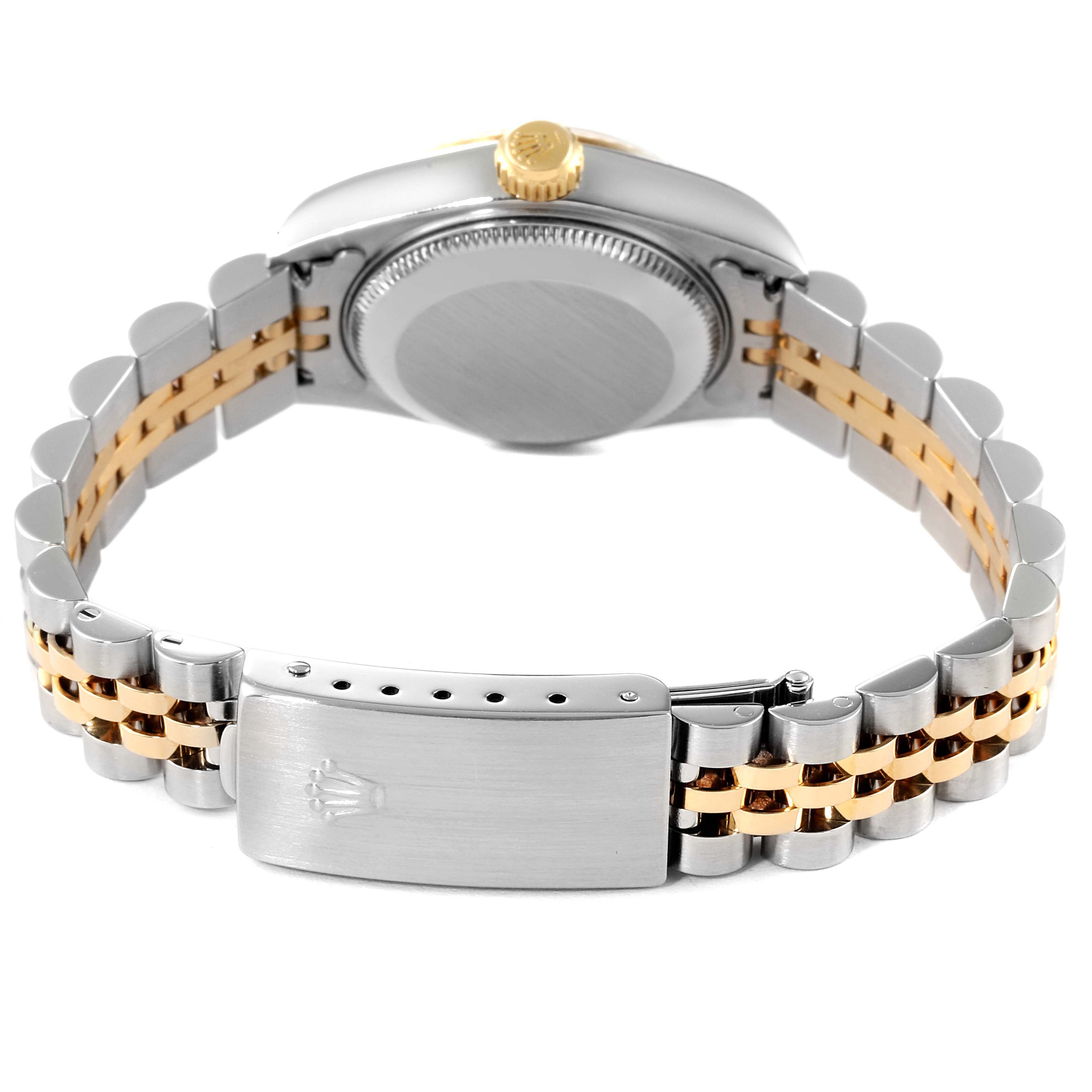 This image shows the back of the Rolex Datejust 79173 Women's Steel and Gold (two tone) White Dial 79173 Women's Steel and Gold (two tone) White Dial watch, highlighting its clasp and two-tone bracelet.