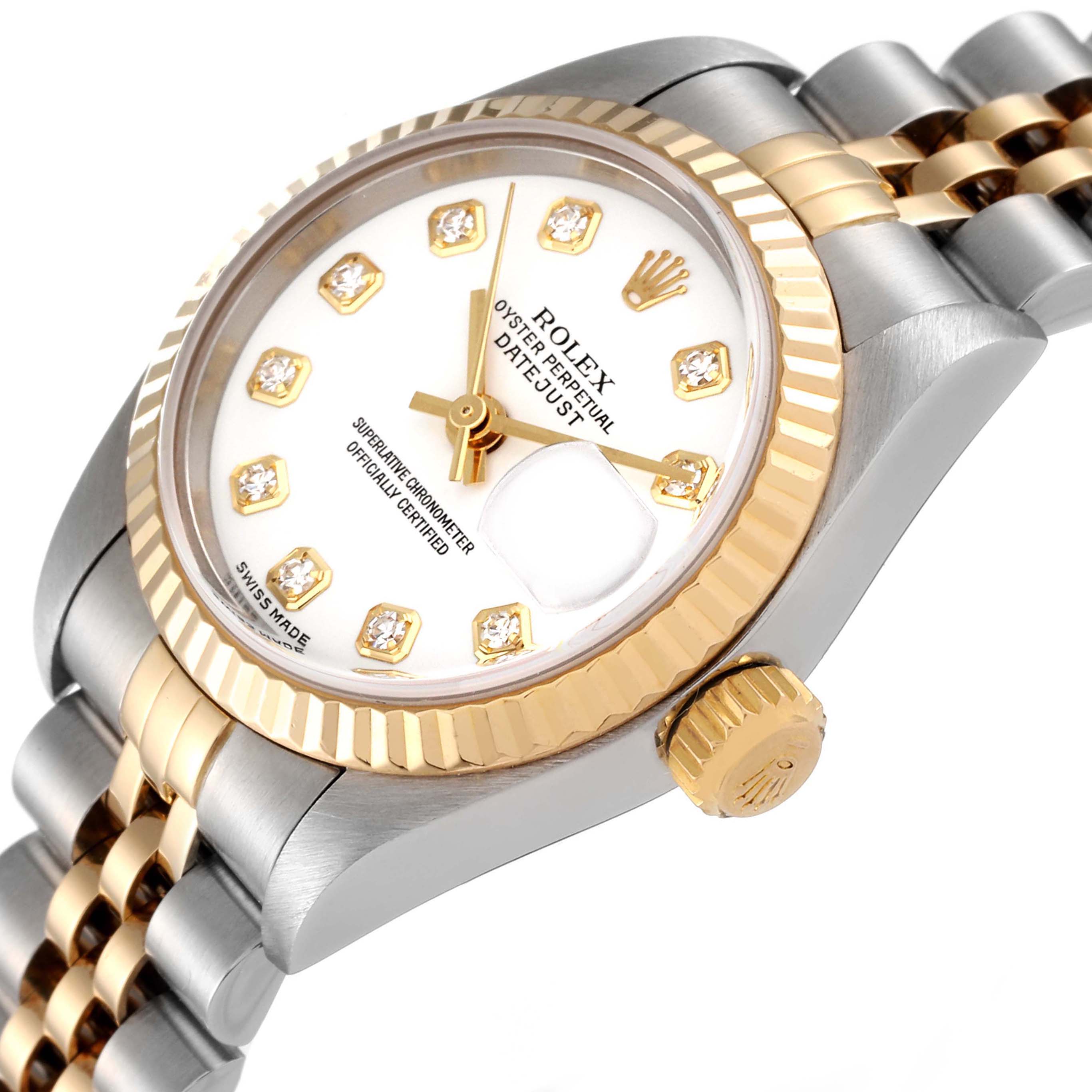 The Rolex Datejust 79173 Women's Steel and Gold (two tone) White Dial 79173 Women's Steel and Gold (two tone) White Dial watch is shown at an oblique angle, highlighting the face, crown, and jubilee bracelet.
