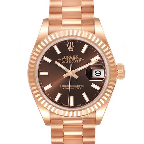 The image shows the Rolex President 279175 Women's Rose Gold Brown Dial 279175 Women's Rose Gold Brown Dial Datejust model, featuring its face, bezel, dial, hands, and bracelet front-on.