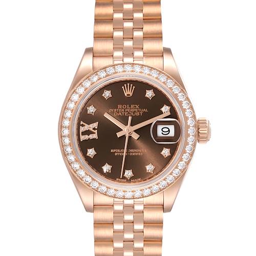 The Rolex President 279135 Women's Rose Gold Brown Dial 279135 Women's Rose Gold Brown Dial model watch is shown from a front angle, featuring its rose gold case, diamond bezel, and a brown dial with date display.