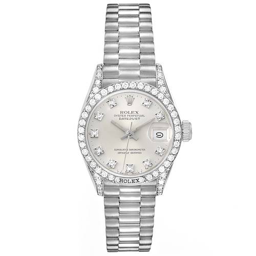 The image shows a front view of a Rolex President 69159 Women's White Gold Silver Dial 69159 Women's White Gold Silver Dial model watch, displaying its face, bezel, and bracelet.
