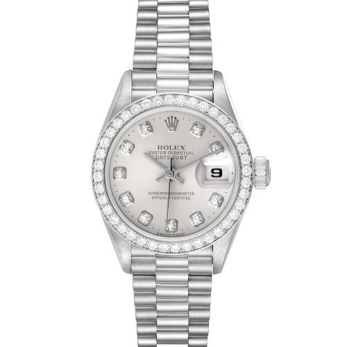 The Rolex President 69136 Women's Platinum Silver Dial 69136 Women's Platinum Silver Dial watch model is shown from the front, displaying its face, bezel, crown, and bracelet.