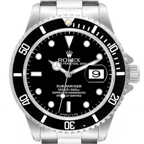 The Rolex Submariner 16610 Men's Stainless Steel Black Dial 16610 Men's Stainless Steel Black Dial watch is shown from a front angle highlighting its face, bezel, crown, and part of the metal bracelet.