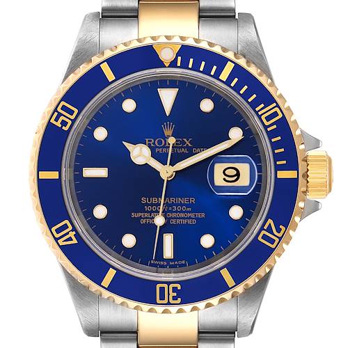 This image shows the face and part of the bracelet of a Rolex Submariner 16613 Men's Steel and Gold (two tone) Blue Dial 16613 Men's Steel and Gold (two tone) Blue Dial watch, displaying its blue dial and date window at 3 o'clock.