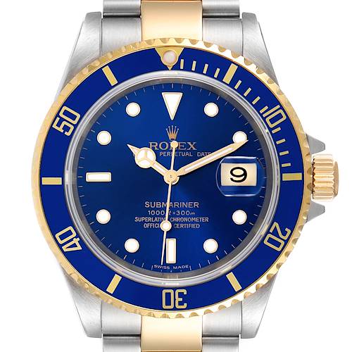 This image shows the front view of a Rolex Submariner 16613 Men's Steel and Gold (two tone) Blue Dial 16613 Men's Steel and Gold (two tone) Blue Dial watch, highlighting its blue dial, date window, and gold and silver accents.