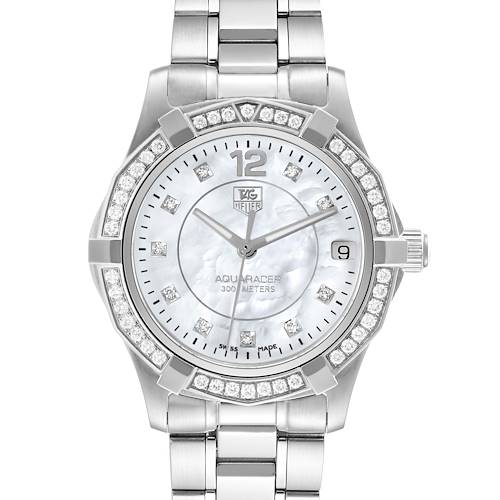 This Tag Heuer Aquaracer WAF1313.BA0819 Women's Stainless Steel Mother of Pearl Dial WAF1313.BA0819 Women's Stainless Steel Mother of Pearl Dial watch is shown from a front angle, highlighting its face, bezel, and part of the strap.