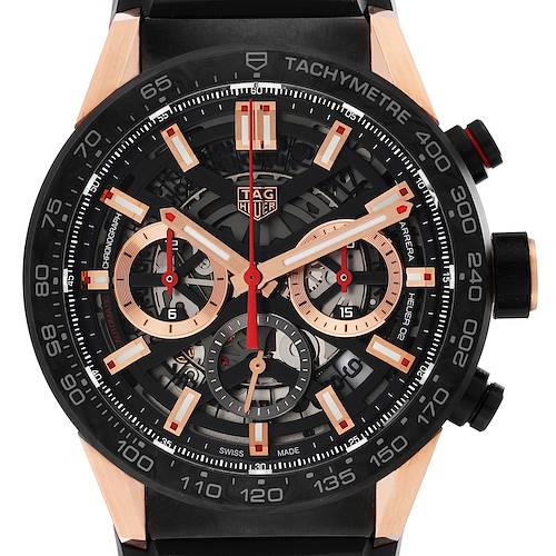 The image shows a front view of the Tag Heuer Carrera CBG2052.FT6143 Men's Ceramic Black Dial CBG2052.FT6143 Men's Ceramic Black Dial model watch, highlighting its detailed dial and tachymeter.