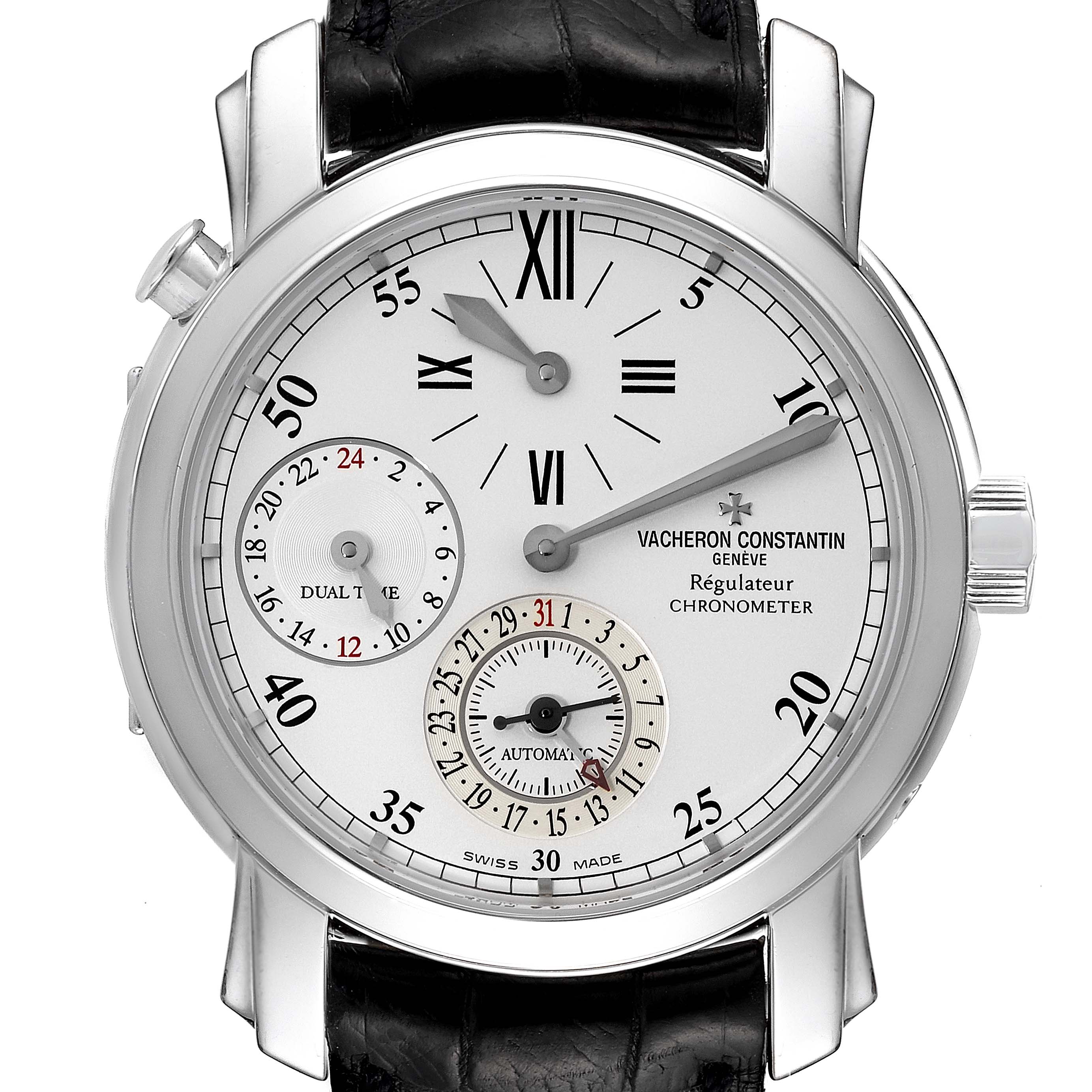 The image shows a front view of the Vacheron Constantin Malte 42005/000G-8900 Men's White Gold Silver Dial 42005/000G-8900 Men's White Gold Silver Dial model, highlighting the dial, subdials, and part of the leather strap.