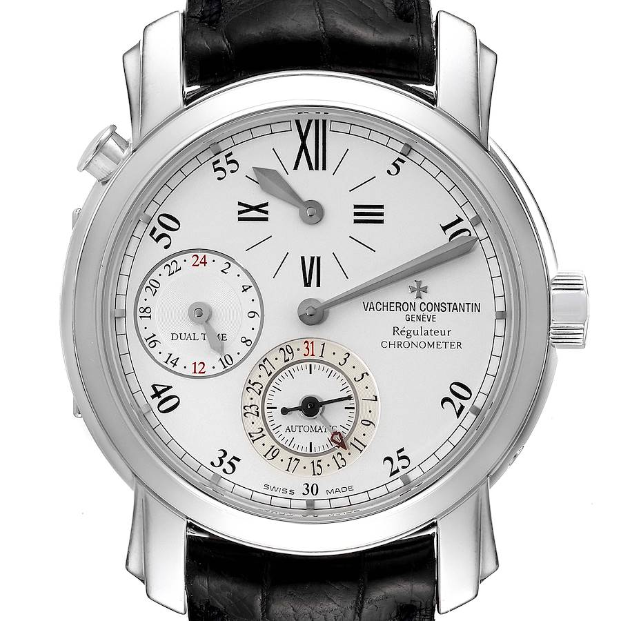 The image shows a front view of the Vacheron Constantin Malte 42005/000G-8900 Men's White Gold Silver Dial 42005/000G-8900 Men's White Gold Silver Dial model, highlighting the dial, subdials, and part of the leather strap.