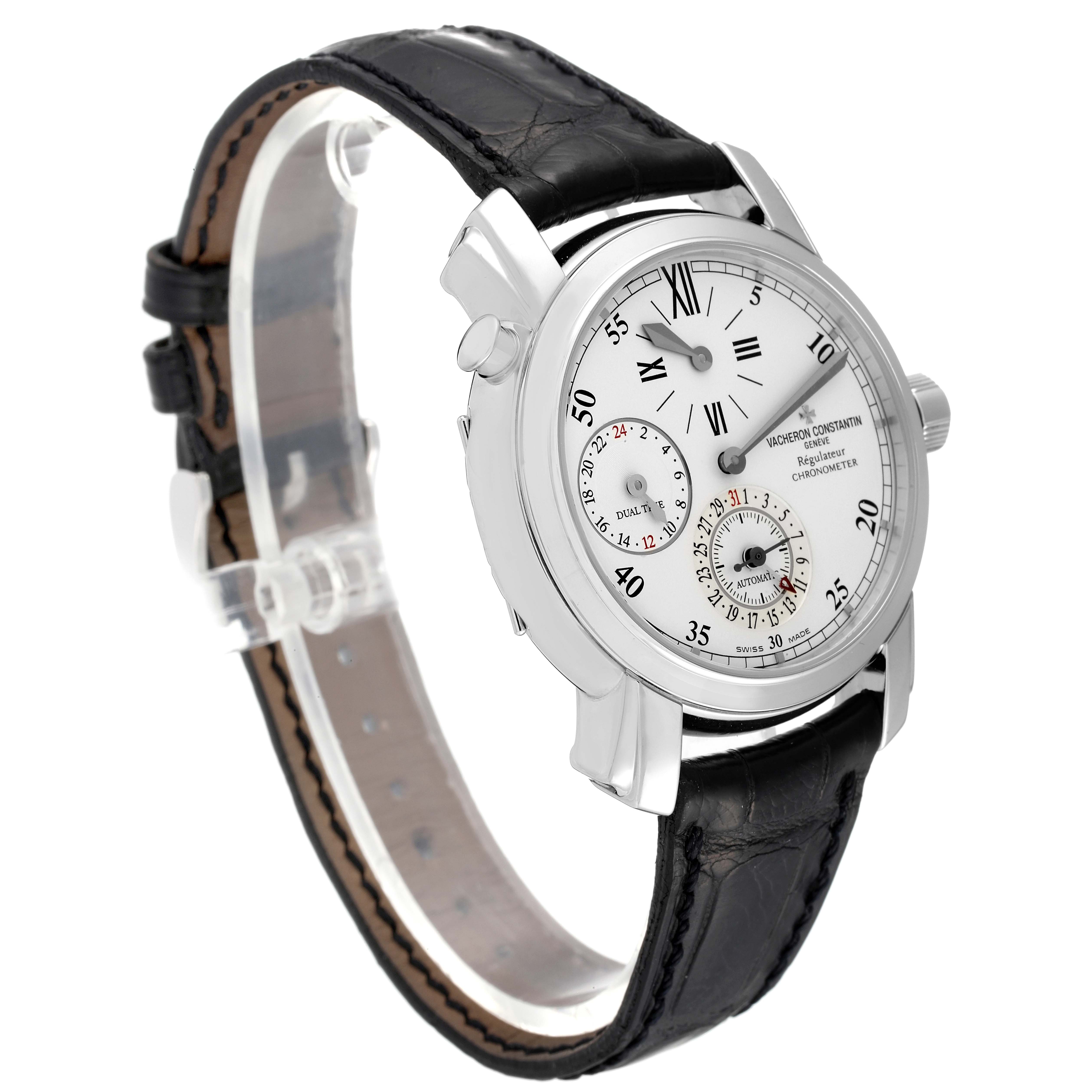 The image shows a Vacheron Constantin Malte 42005/000G-8900 Men's White Gold Silver Dial 42005/000G-8900 Men's White Gold Silver Dial model watch at a three-quarter angle, highlighting the dial, case, and black leather strap.