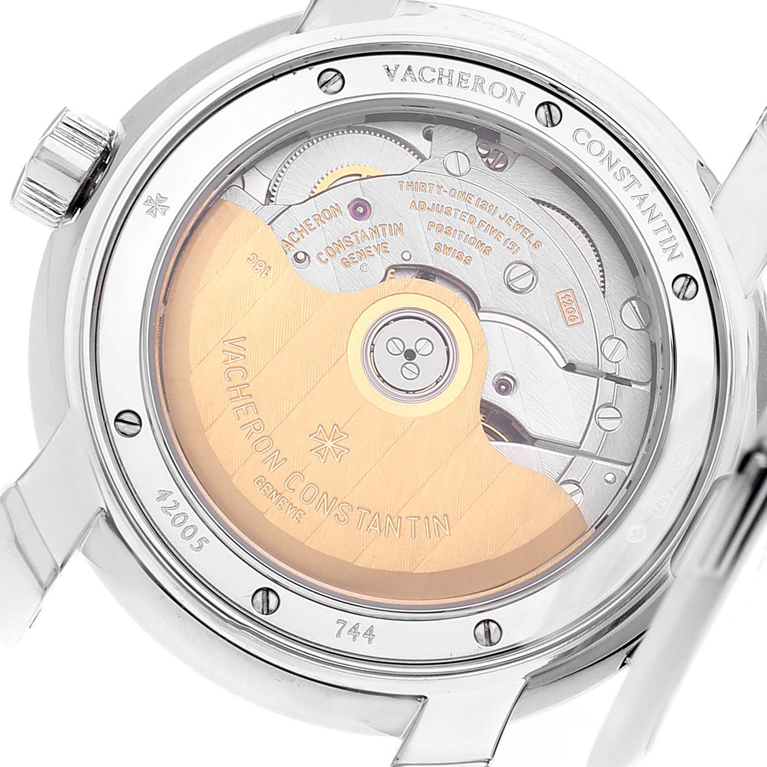 The image shows the back of a Vacheron Constantin Malte 42005/000G-8900 Men's White Gold Silver Dial 42005/000G-8900 Men's White Gold Silver Dial model watch with an exposed movement.