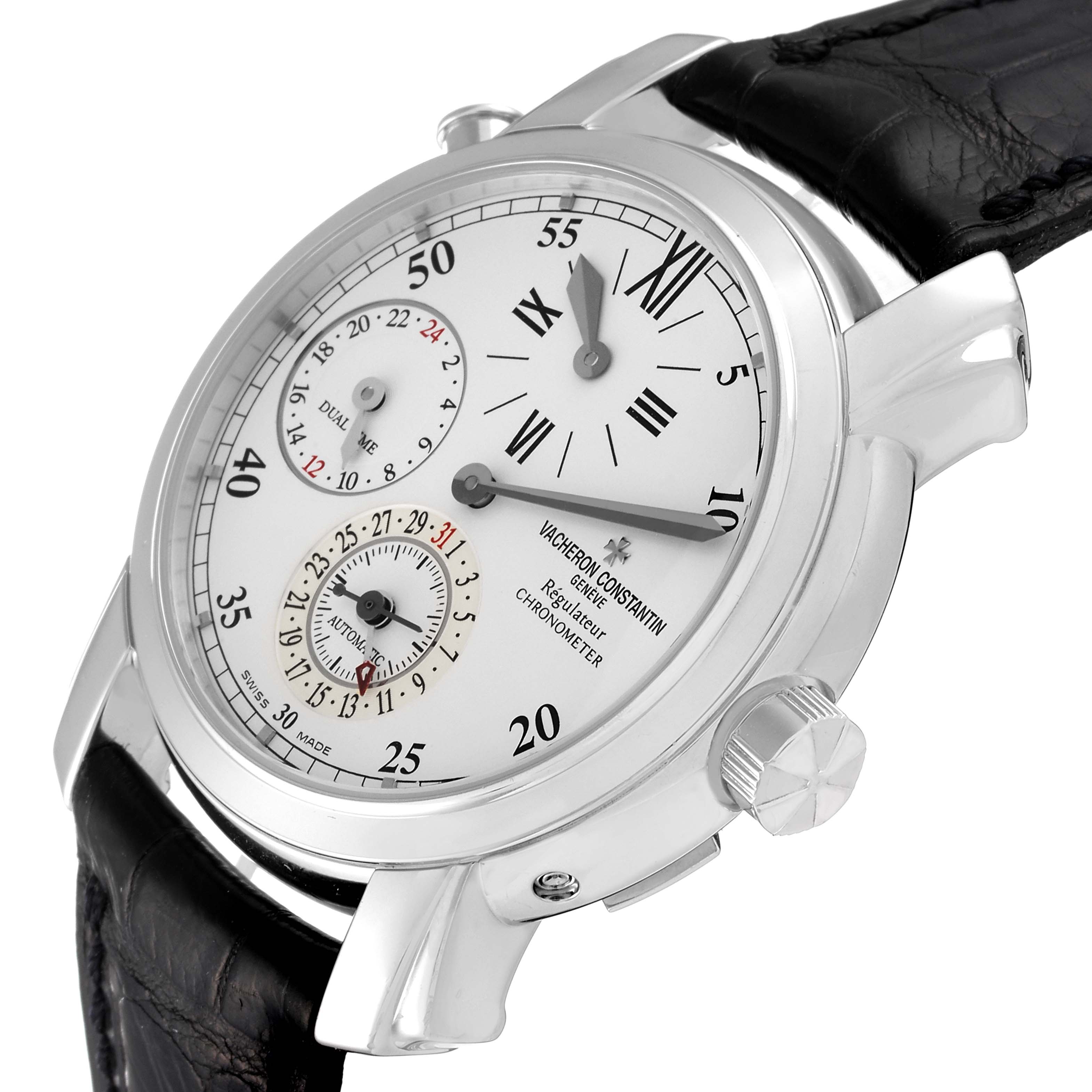 The Vacheron Constantin Malte 42005/000G-8900 Men's White Gold Silver Dial 42005/000G-8900 Men's White Gold Silver Dial watch is shown from a front angle, highlighting its dial, crown, and leather strap.
