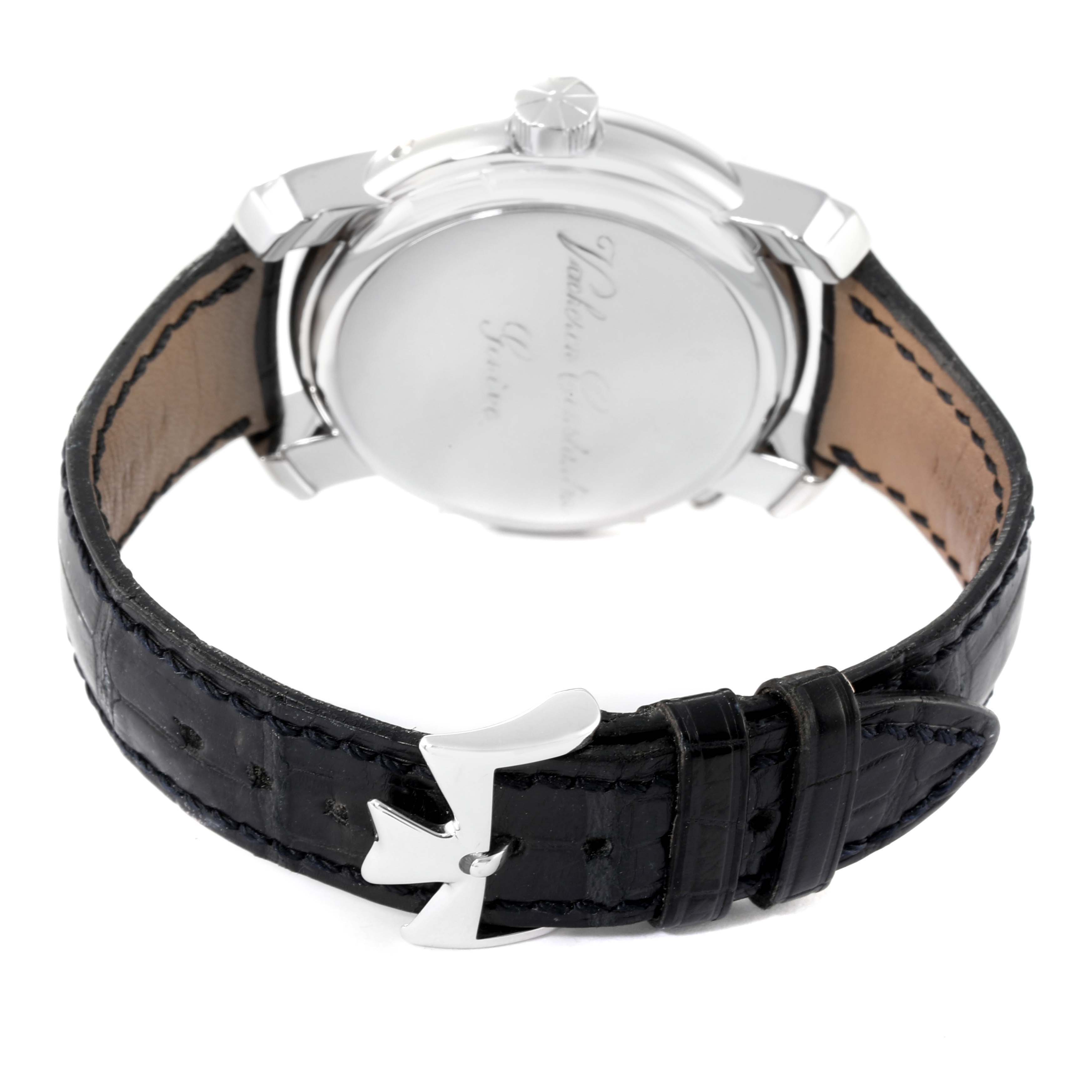The image displays the back view of a Malte model by Vacheron Constantin, highlighting the leather strap and buckle.