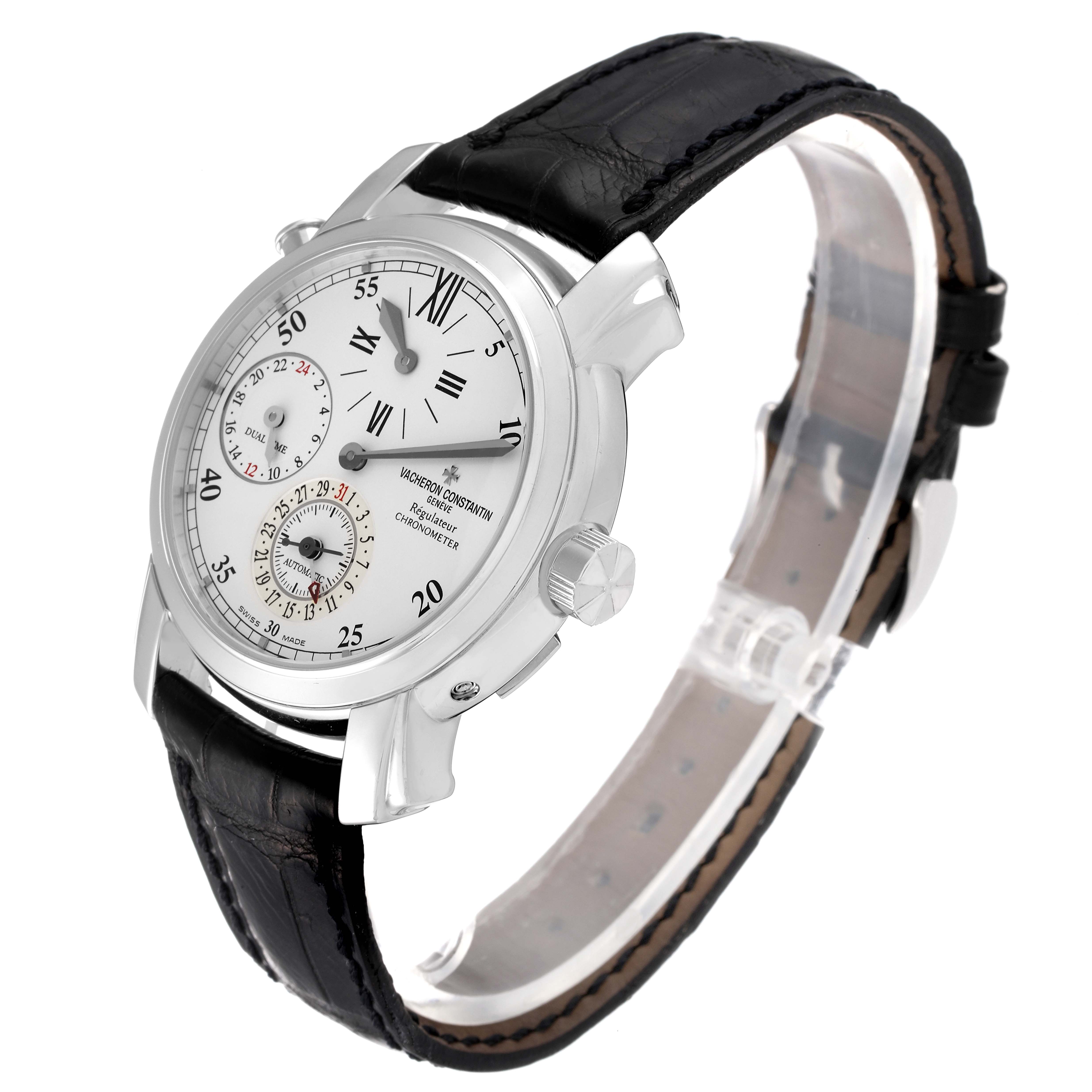 The Vacheron Constantin Malte 42005/000G-8900 Men's White Gold Silver Dial 42005/000G-8900 Men's White Gold Silver Dial watch is shown from an angled side view, displaying its face, dial, and black leather strap.