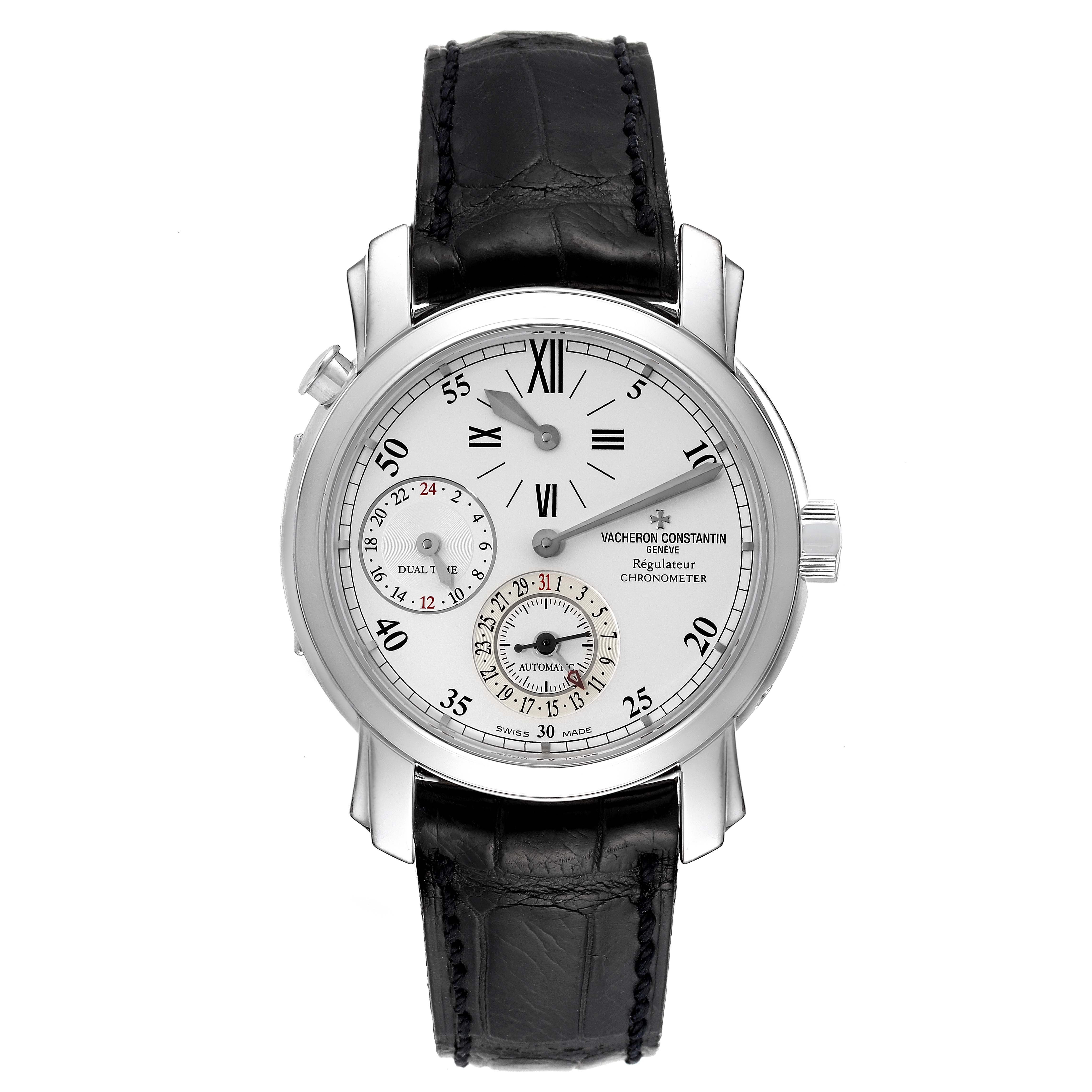 This image shows a front view of the dial and leather strap of a Vacheron Constantin Malte 42005/000G-8900 Men's White Gold Silver Dial 42005/000G-8900 Men's White Gold Silver Dial model watch.
