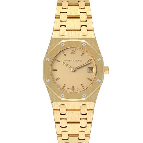 The image shows the front view of the Audemars Piguet Royal Oak 66270BA Women's Yellow Gold Champagne Dial 66270BA Women's Yellow Gold Champagne Dial watch, highlighting its gold case, dial, and bracelet.
