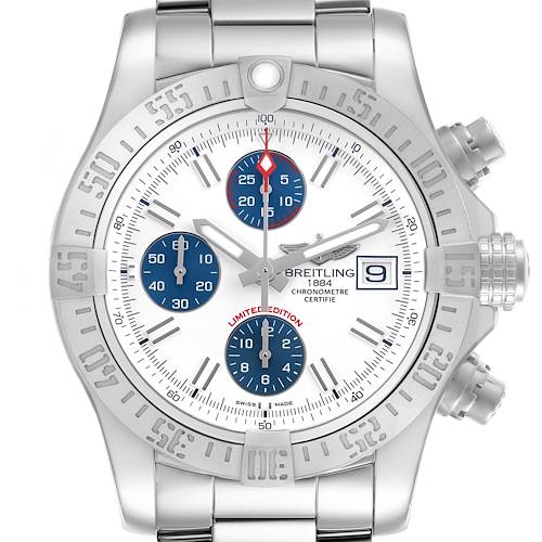 The Breitling Avenger A13381 Men's Stainless Steel White Dial A13381 Men's Stainless Steel White Dial watch is shown from a front angle, highlighting the dial, bezel, and chronograph pushers.