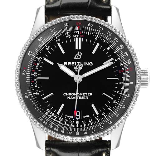 The image shows a Breitling Navitimer A17325 Men's Stainless Steel Black Dial A17325 Men's Stainless Steel Black Dial watch from a front view, highlighting the black dial, bezel, and leather strap.