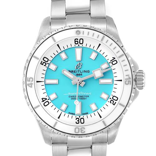 The Breitling A17377211C1A1 Women's Stainless Steel Blue Dial A17377211C1A1 Women's Stainless Steel Blue Dial Superocean 36 White Blue Dial Steel Ladies Watch A17377 is shown from a front angle, highlighting the dial, bezel, and part of the bracelet.